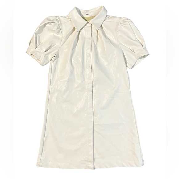 Aureum Ivory Faux Leather Puff Sleeves Mini Dress Size Small - Picture 3 of 6